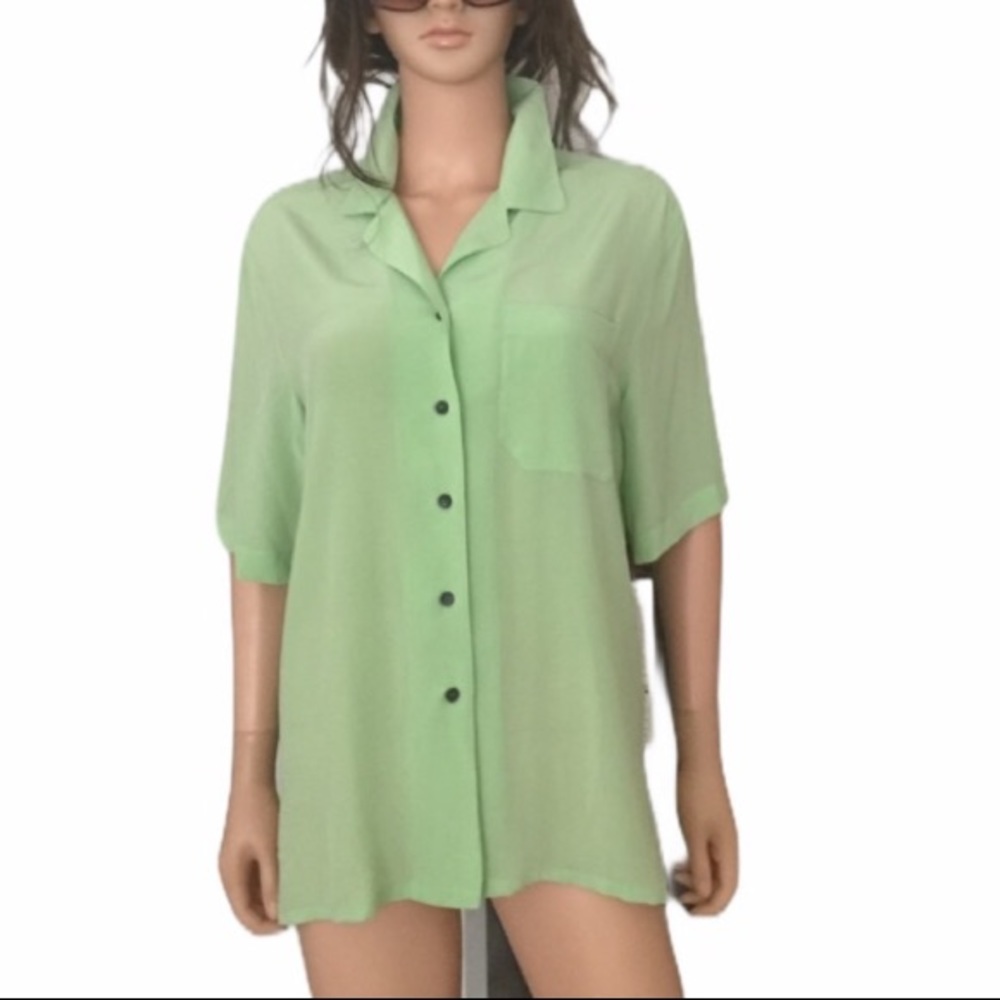 NWT August Silk Light Lime Green Silk Short Sleeve Blouse Shirt
